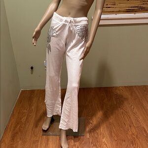 Great China Wall White Drawstring Pants  Leather Wing Design M
